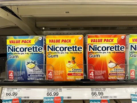 Rows of Nicorette gum on display at a Target retail store in Michigan Stock Photos