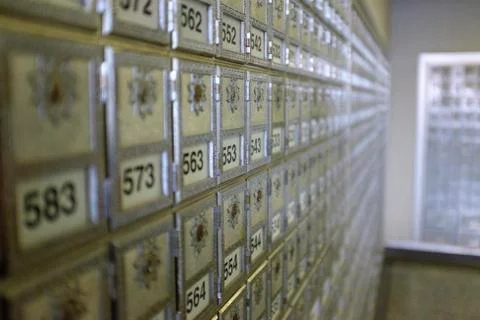 Rows of numbered letter boxes or lockers Foto stock