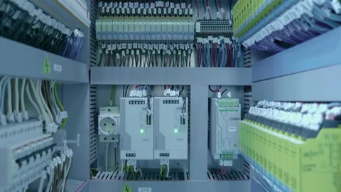 Rows of numbered white connectors with multi-colored wires in electrical panel Stock Footage 330896063