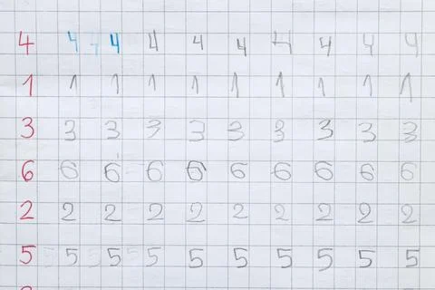 Rows of numbers written by a child in a grid notebook. Teaching writing and.. Stock Photos