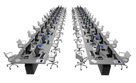 Rows office table isolated white 3d rendering Stock Illustration
