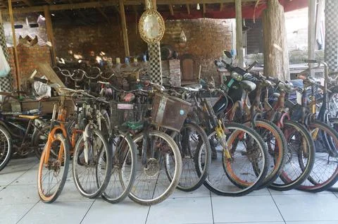 Rows of old bicycles or sepeda onthel Stock Photos