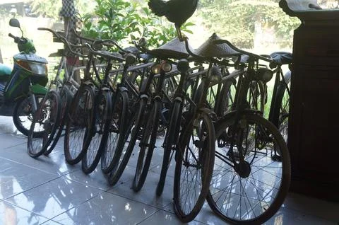 Rows of old bicycles or sepeda onthel Stock Photos