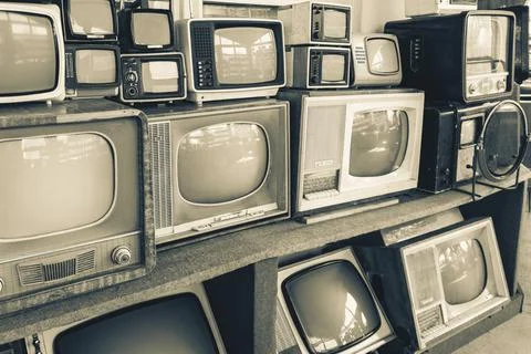 Rows of old TVs. The first televisions Stock Photos