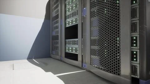 Rows of operational supercomputers in a server room Stock Illustration