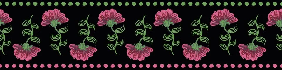 Rows of pink flowers on black vector border print Stock Illustration