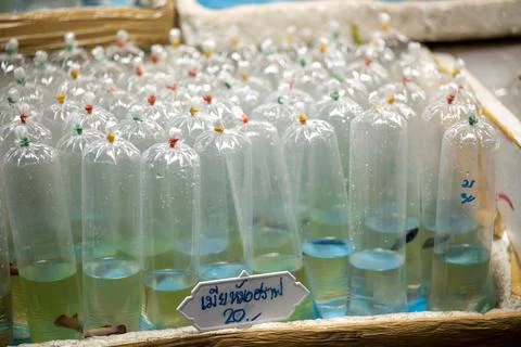 Rows of plastic bags filled with fish Stock Photos