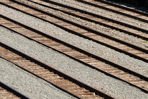 Rows Of Railroad Tracks In A Train Yard Stock Photos