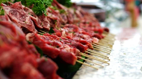 Rows of raw fresh lamb meat. Barbecue meat at a luxury resort for dinner. It  Stock Footage 121528360