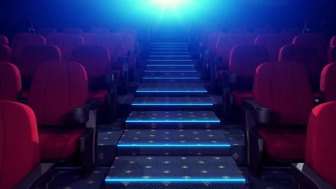 Rows Of Red Chairs In Dark Cinema Theater. Camera Goes Up. Loop. Видео 100830025