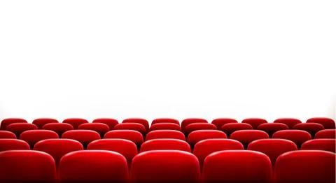 Rows of red cinema or theater seats in front of white blank screen with sampl Stock Illustration