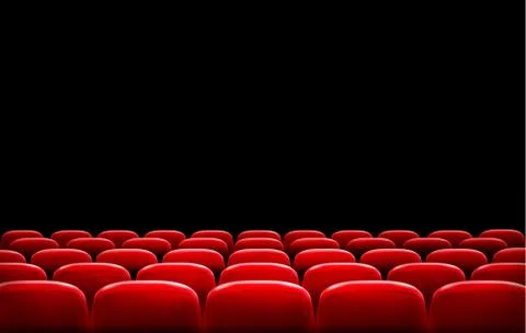 Rows of red cinema or theater seats in front of black screen with sample text Stock Illustration