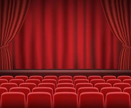 Rows of red cinema or theater seats in front of show stage Stock Illustration