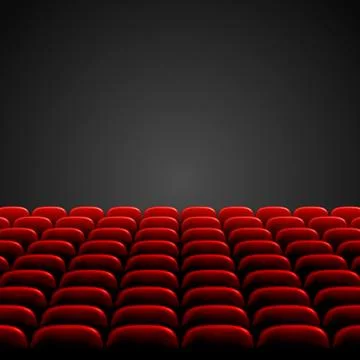 Rows of red cinema or theater seats in front of black blank screen. Wide empt Stock Illustration