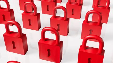 Rows of Red Padlocks Symbolizing Security and Restricted Access Concept 3d .. Stock Illustration