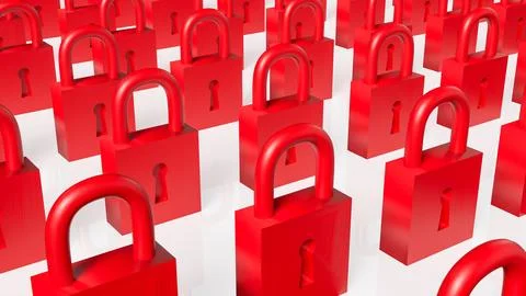 Rows of Red Padlocks Symbolizing Security and Restricted Access Concept 3d .. Illustrazione stock