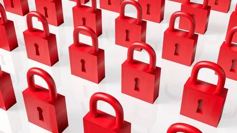 Rows of Red Padlocks Symbolizing Security and Restricted Access Concept 3d .. Stock Illustration