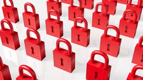 Rows of Red Padlocks Symbolizing Security and Restricted Access Concept 3d .. 스톡 일러스트