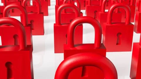 Rows of Red Padlocks Symbolizing Security and Restricted Access Concept 3d .. Stockillustratie