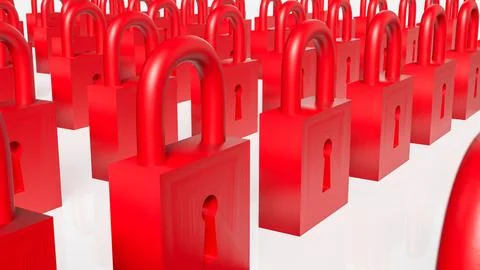 Rows of Red Padlocks Symbolizing Security and Restricted Access Concept 3d .. イラスト素材