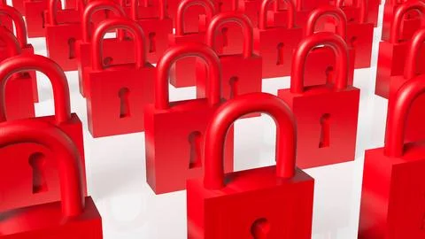 Rows of Red Padlocks Symbolizing Security and Restricted Access Concept 3d .. Stockillustratie