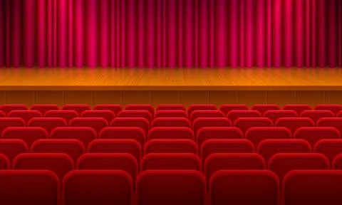 "Rows of red seats, back view. Interior element. Vector 3d illustration. " Stock Illustration