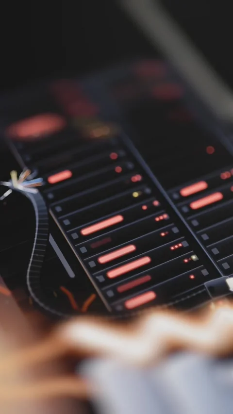 Rows of red server lights fill narrow technology view Stock Footage 344109879