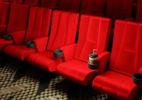 Rows of red velvet seats watching movies in the cinema with copy space bann.. Stock Illustration