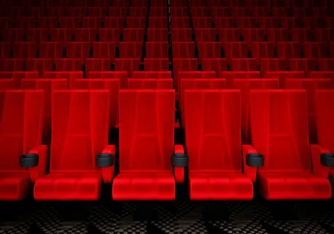 Rows of red velvet seats watching movies in the cinema with copy space bann.. Stock Illustration