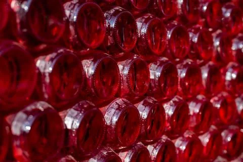 Rows of red wine bottles, concept of winery. 스톡 사진