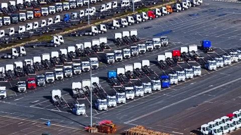 Rows of Renault Trucks Parked in a Large Industrial Lot Stock-Footage 334560970