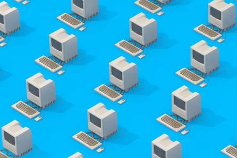 Rows of Retro Personal Computers in Isometric Style. 3d Rendering Stock Illustration