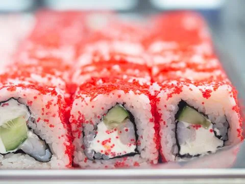 Rows of rolls in the restaurant window, take away Stock Photos