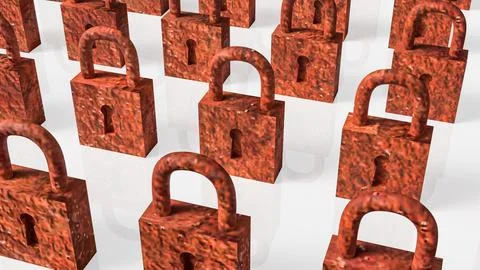 Rows of Rusty Padlocks Representing Old Security and Restriction Concept 3d.. Stock Illustration