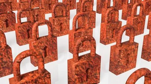 Rows of Rusty Padlocks Representing Old Security and Restriction Concept 3d.. 스톡 일러스트