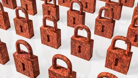 Rows of Rusty Padlocks Representing Old Security and Restriction Concept 3d.. 스톡 일러스트