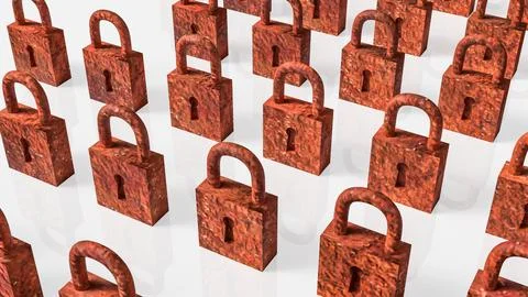 Rows of Rusty Padlocks Representing Old Security and Restriction Concept 3d.. 스톡 일러스트
