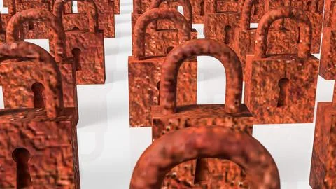 Rows of Rusty Padlocks Representing Old Security and Restriction Concept 3d.. Stock Illustration