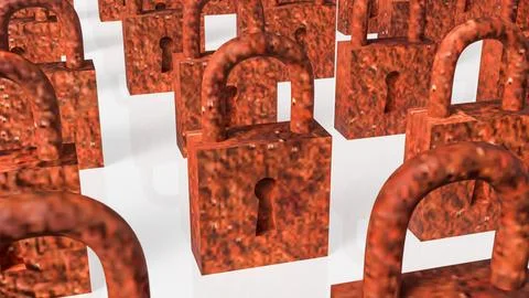 Rows of Rusty Padlocks Representing Old Security and Restriction Concept 3d.. Illustrazione stock