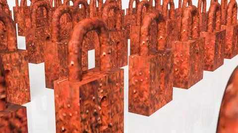 Rows of Rusty Padlocks Representing Old Security and Restriction Concept 3d.. 스톡 일러스트