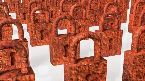 Rows of Rusty Padlocks Representing Old Security and Restriction Concept 3d.. Stock Illustration