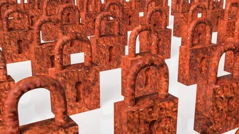 Rows of Rusty Padlocks Representing Old Security and Restriction Concept 3d.. 스톡 일러스트