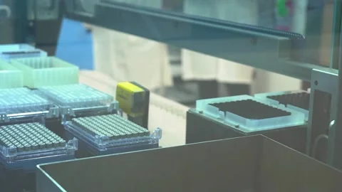 Rows of sample tubes under blue light in a crime laboratory testing DNA samples Video stock 345299269