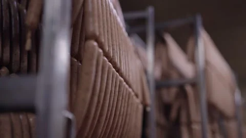 Rows of sausages hanging in food processing facility, industrial meat Video stock 333276794