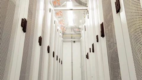 Rows of server cabinets in a data centre Vidéo 143347975