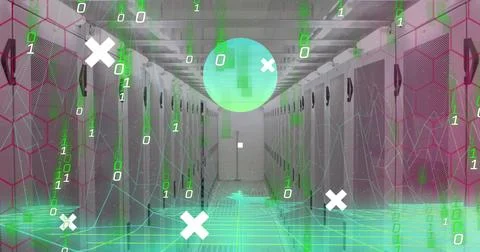 Rows of server racks in data center with digital graphics overlaying scene Stock Photos