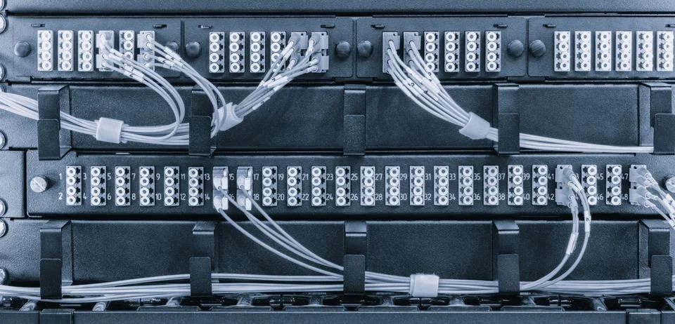 Rows of server racks dominate the scene. Numerous ports connect to coiled whi Stock-Fotos