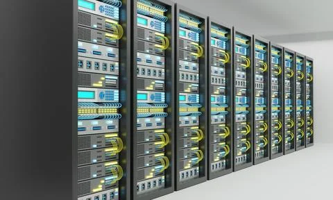 Rows of server racks line a clean, bright room. 3d render Illustrazione stock