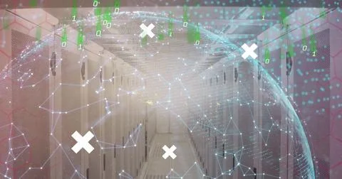 Rows of servers in data center with digital graphics overlaying scene Stock Photos