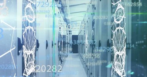 Rows of servers in data center with digital overlays representing cloud Stock Photos